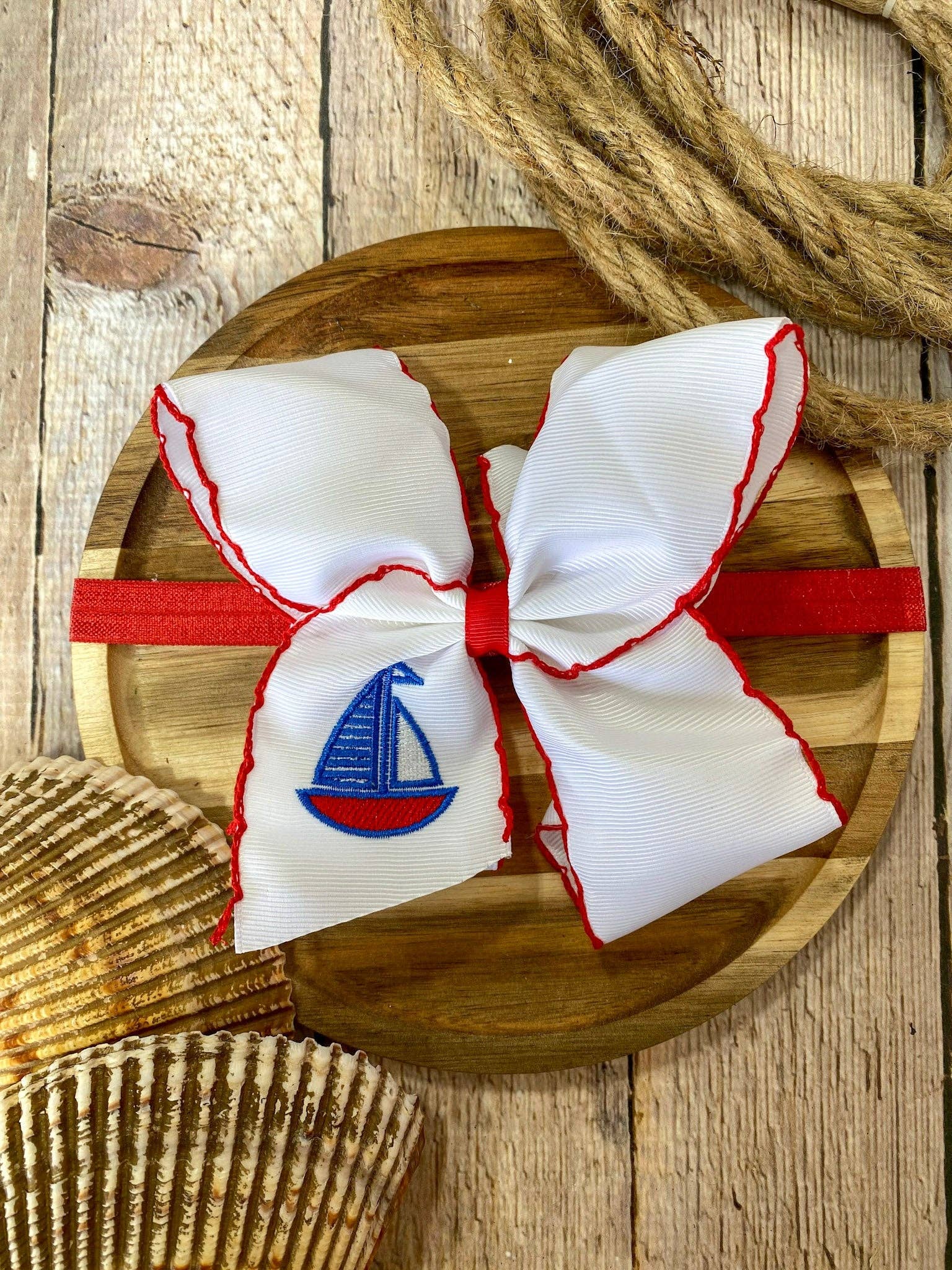 Sailboat Embroidered Classic Hair Bow | Clip or Headband