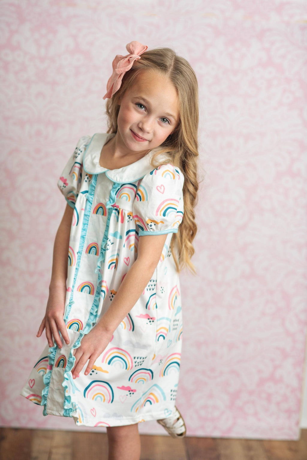 Kids Pastel Rainbow Collared Embroidered Spring Easter Dress