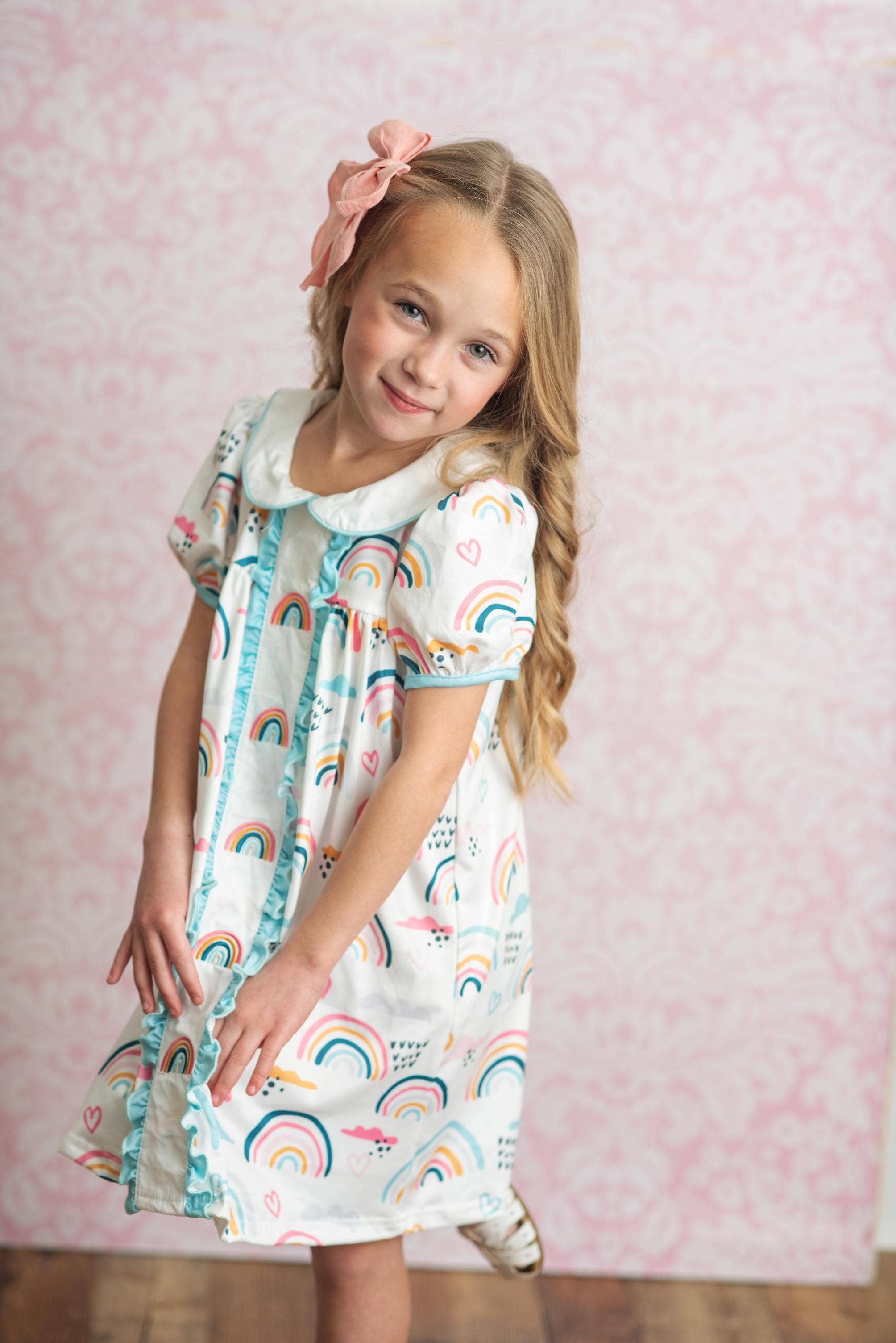 Kids Pastel Rainbow Collared Embroidered Spring Easter Dress