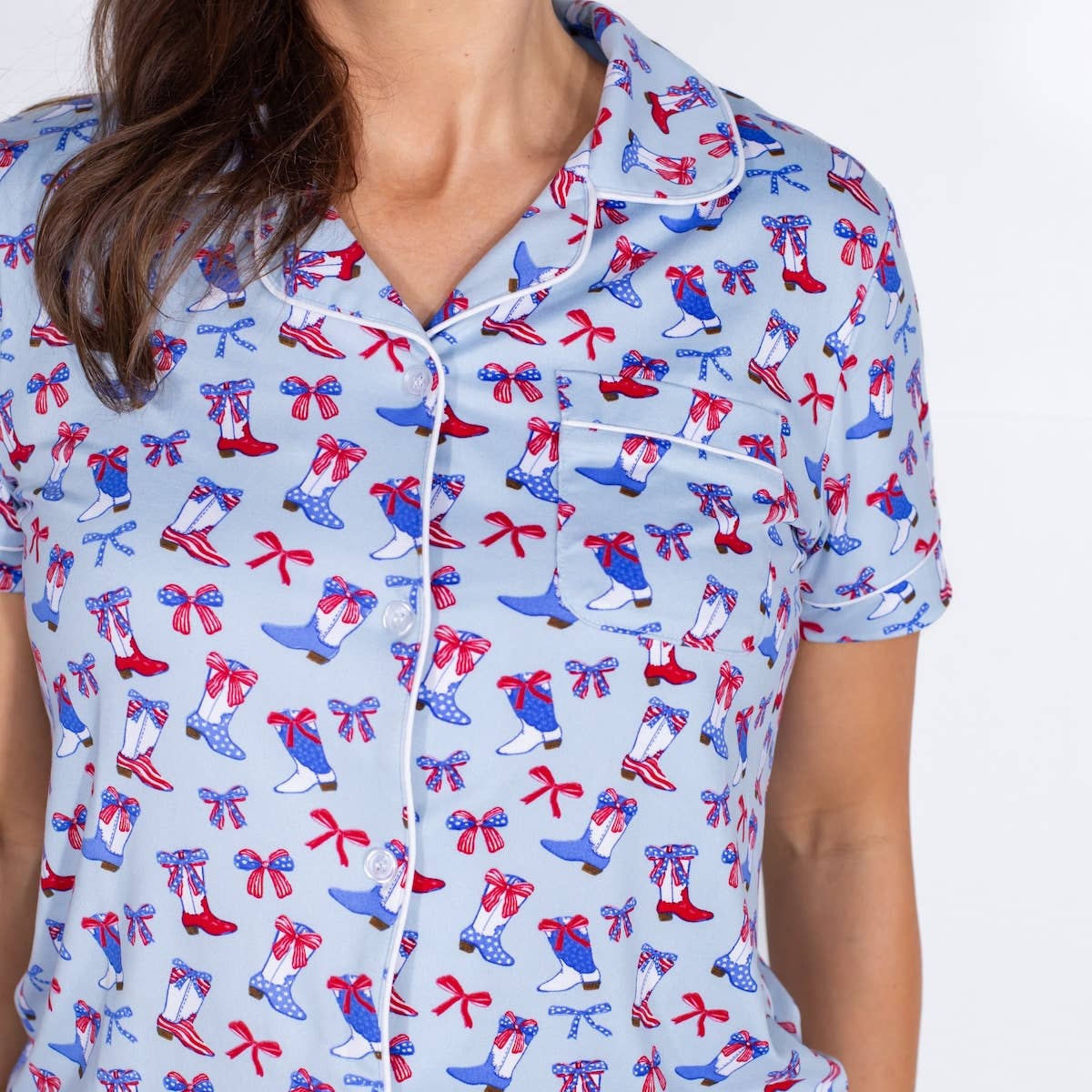Boots n' Bows Short Sleeve Button Up Sleep Shirt   Illusion/Red/White   -Asst.